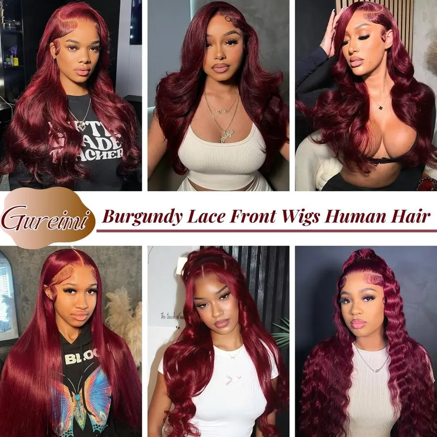 Wig Rambut Asli Burgundy 200 Density 99J Wig Rambut Asli Burgundy Lace Front 13x6 HD Lace Front Wig Merah Anggur Model Body Wave Lace