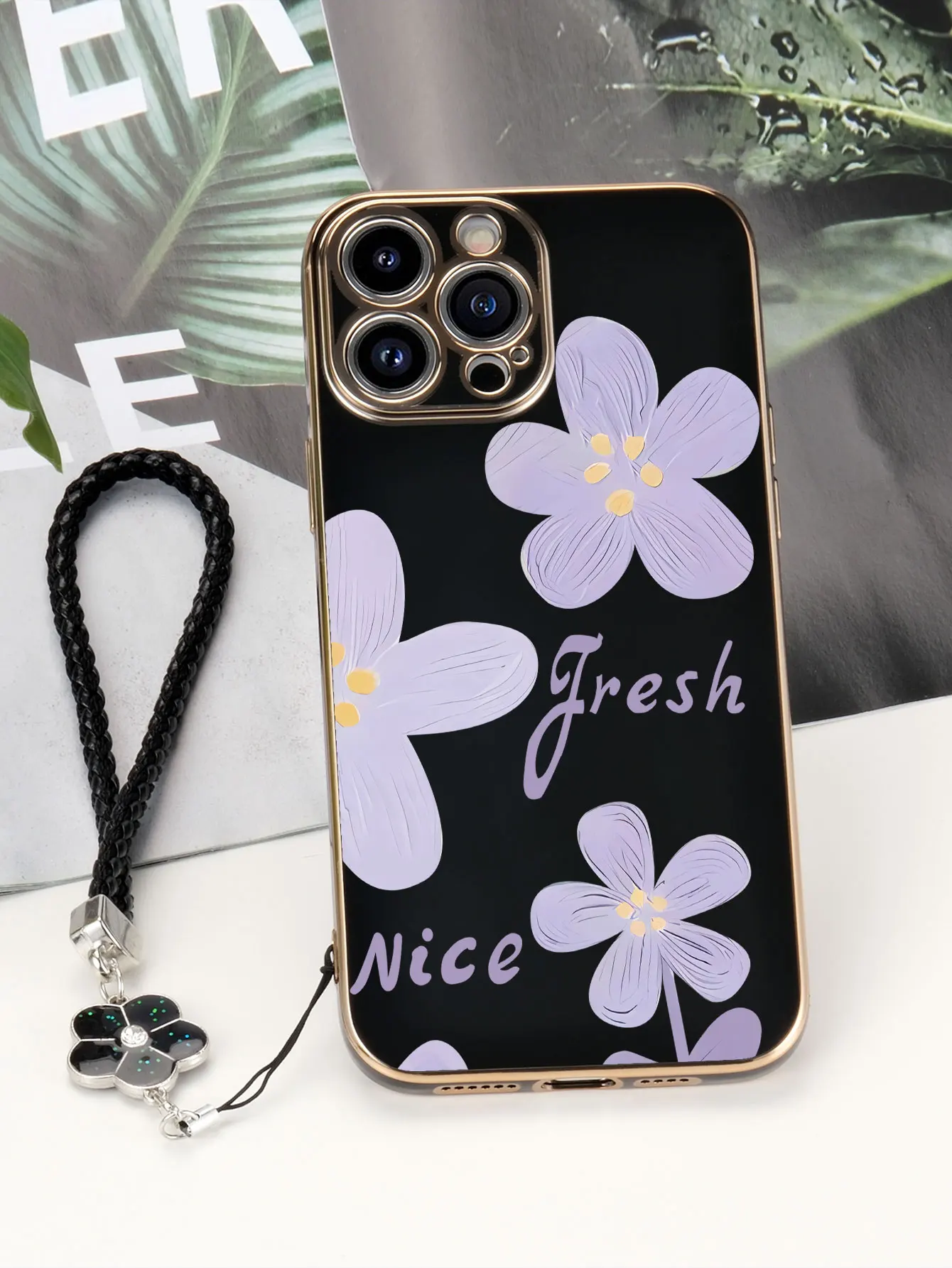 Luxury Plating Flowers Butterfly Pattern Lanyard Painted Phone Case For iPhone 17 14 13 Pro Max 16 15 Plus Protective Back Cover
