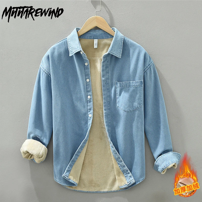 Winter Denim Shirt Men Daily Casual Warm Tops Pure Cotton Slim Fit Fleece Jeans Shirts Thicken Shirt Japan Simple Men Clothing