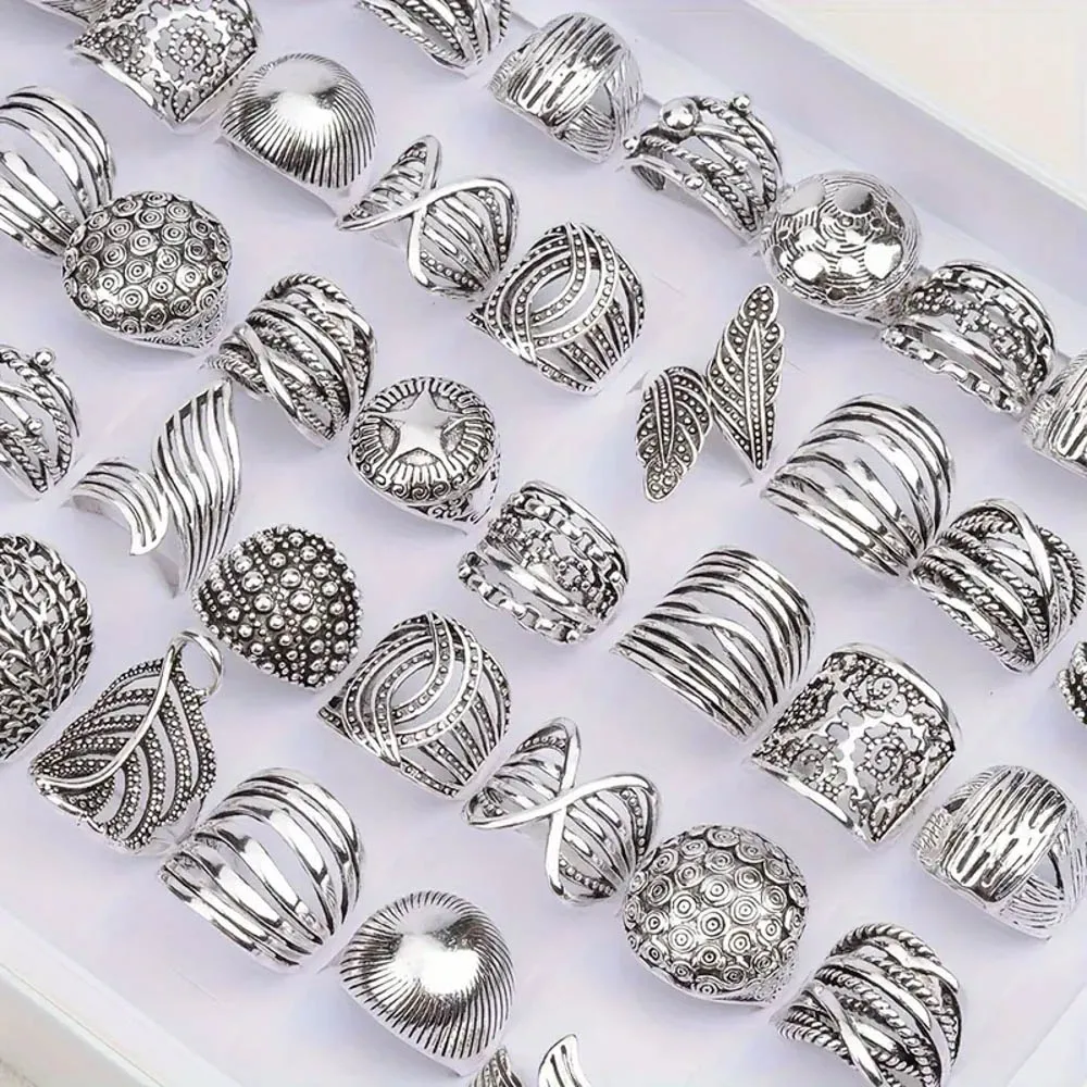 10/20 قطعة/الوحدة الموضة الكلاسيكية خمر سحر متعدد الألوان هندسية منحوتة زهرة خواتم للنساء الرجال مزيج نمط مجوهرات هدايا الحفلات #2