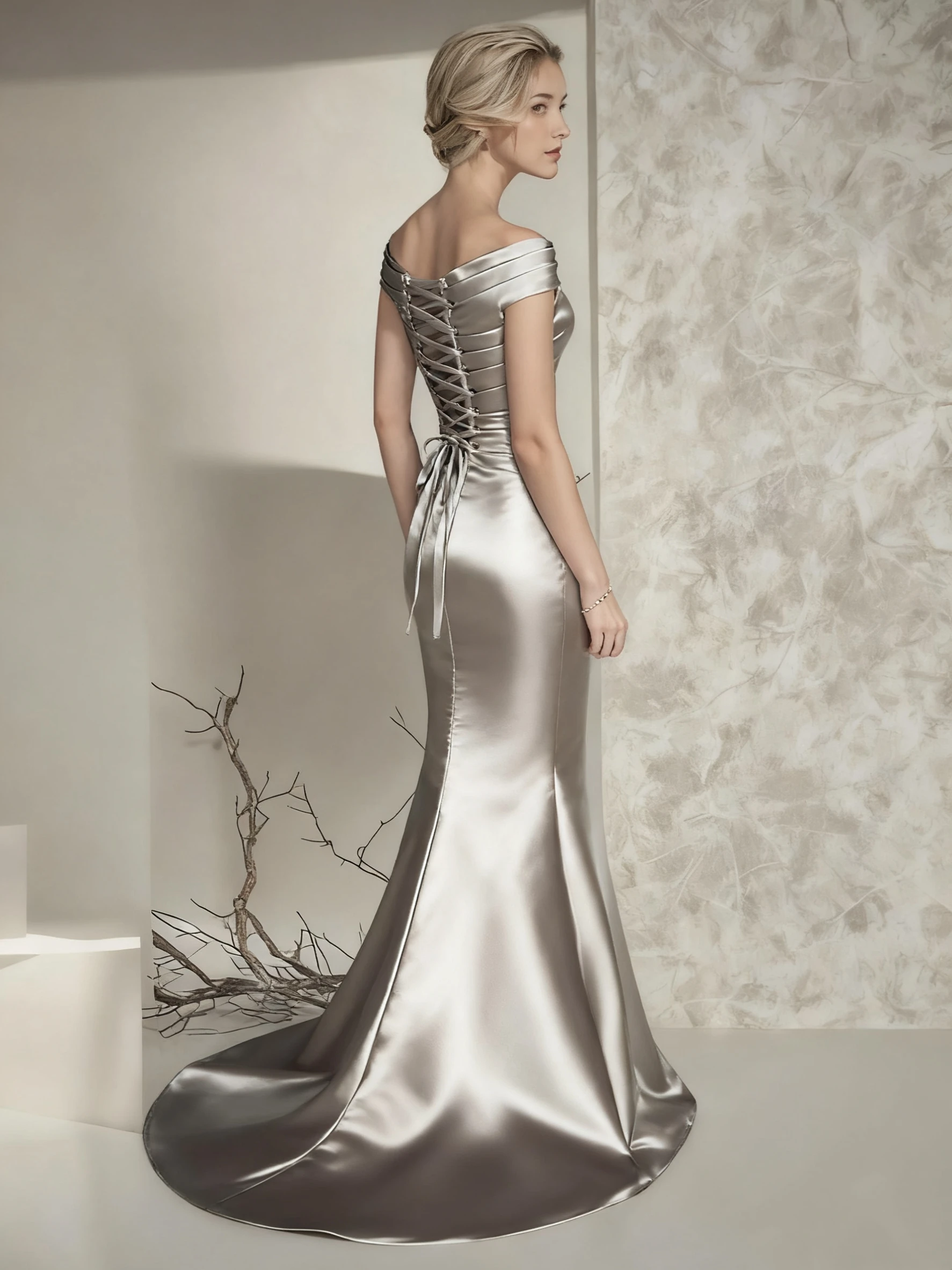 Vestido elegante para madre de la novia, vestido formal con hombros descubiertos, cola de barrido/cepillo, manga casquillo con fruncido