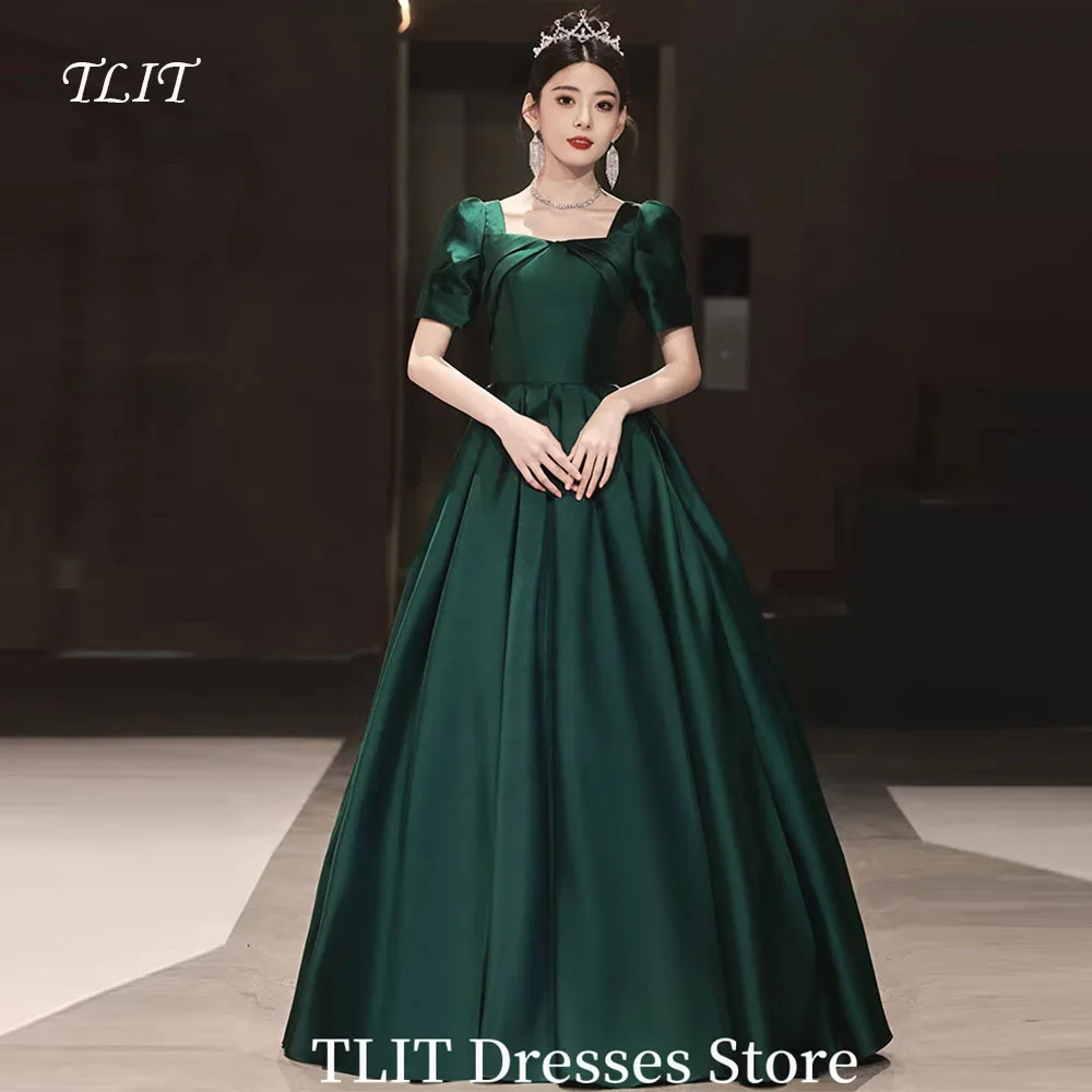 

TLIT Blackish Green A-Line Evening Dresses Customized Elegant Short Sleeves Formal Party Dress Floor-Length Square Collar Dress