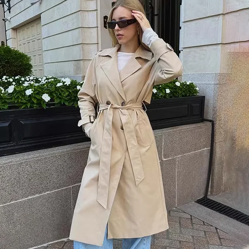 

TARUXY двубортный длинный плащ на шнуровке женский однотонный свободный лацкан с длинными рукавами куртка для отдыха осенняя новая женская куртка