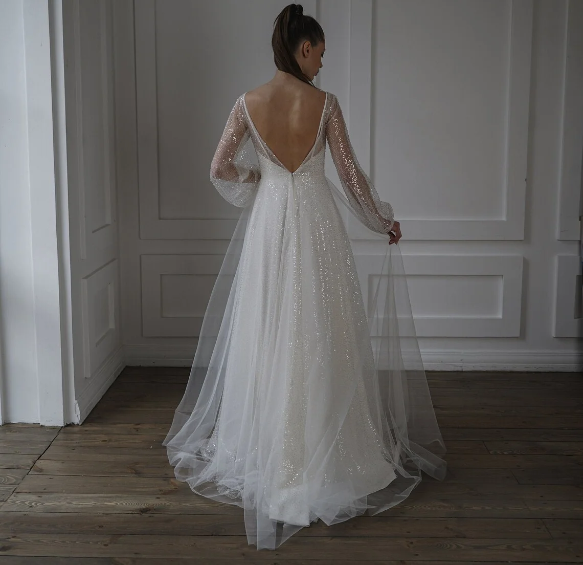 Magnifique robe de mariée en dentelle à encolure dégagée, manches longues, ligne A, dos nu, train de balayage, robe de mariée Rotterdam Kle, personnalisé, 11970 #