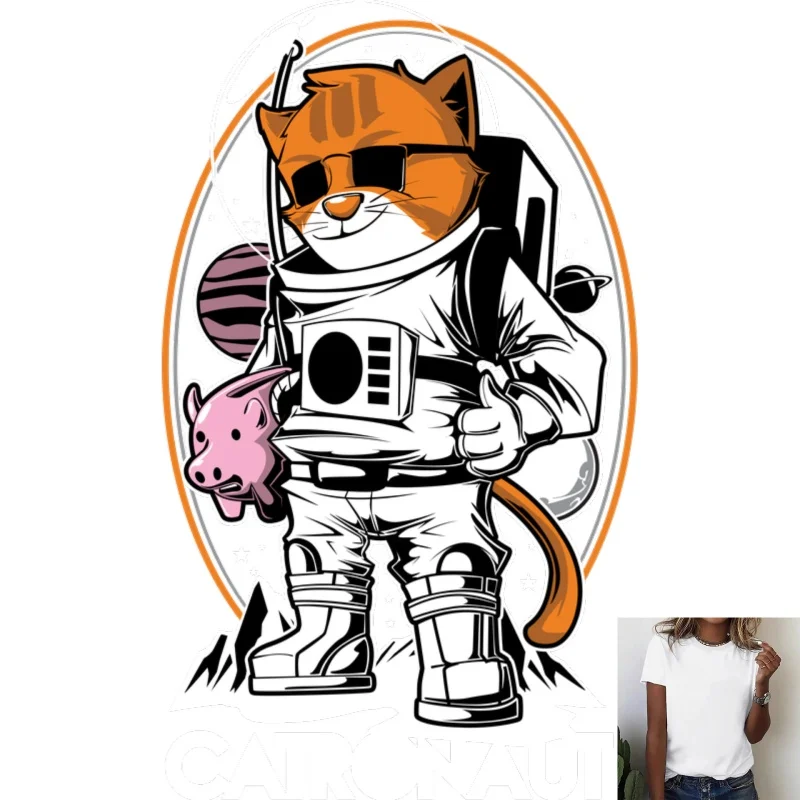 Trendy Astronaut Cat Heat Transfer White Ink Iron - on Patch, Stylish Cartoon Pattern, Suitable for T - Shirts/Canvas Bags,