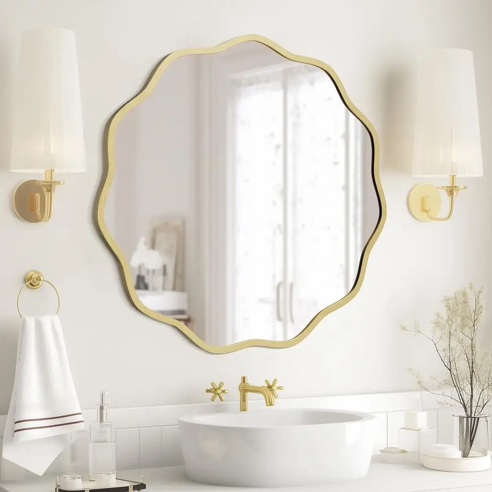 

24 Inch Gold Wall Decorative Round Wavy Mirror for Home, Bathroom, Bedroom, Living Room, and Entryway