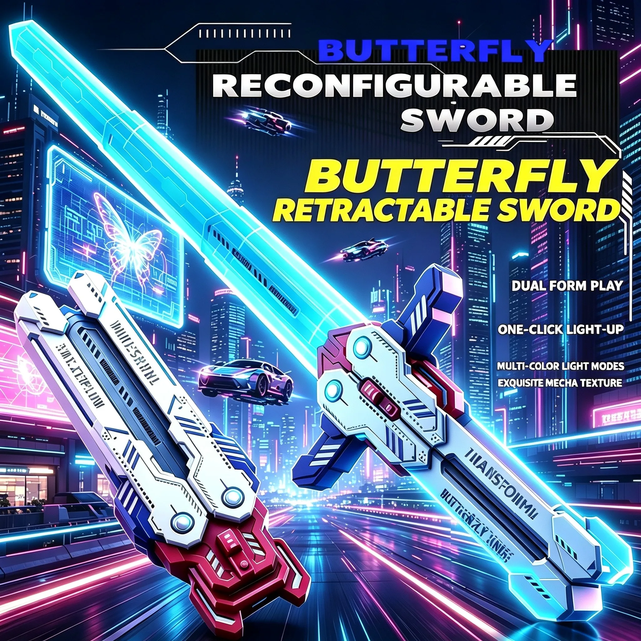 Butterfly LED Retractable Sword Toy, Rechargeable Mecha Blade, RGB Light Swing Sound, Cosplay Party Fidget Gift for Teens Adults