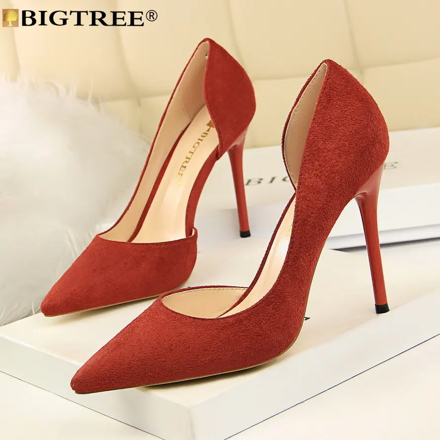 

BIGTREE Shoes Elegant Women Pumps Fashion Pointed Toe Flock 10CM Thin Heels Mature Office Career Women Shoes Orange-red