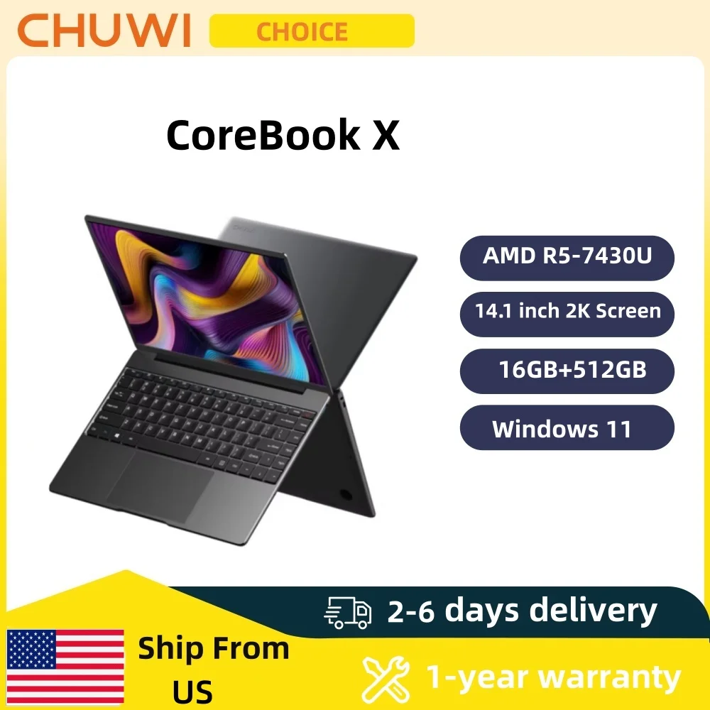 Laptop do gier CHUWI CoreBook X AMD R5-7430U 16GB DDR4 RAM 512GB SSD 14,1 cala ekran 2K lekki notebook 4,3 GHz Windows 11