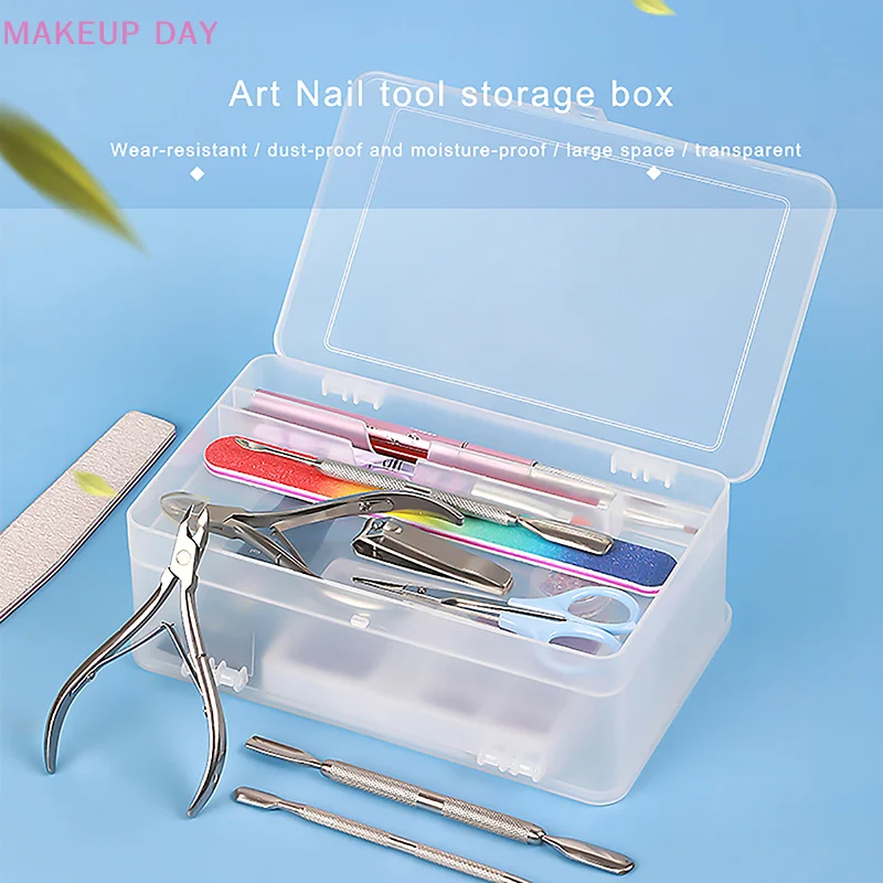 1 pz scatola portaoggetti per Nail Art a doppio strato di grande capacità con coperchio strumenti per Manicure in plastica Organizer custodia per pennelli per penna contenitore trasparente