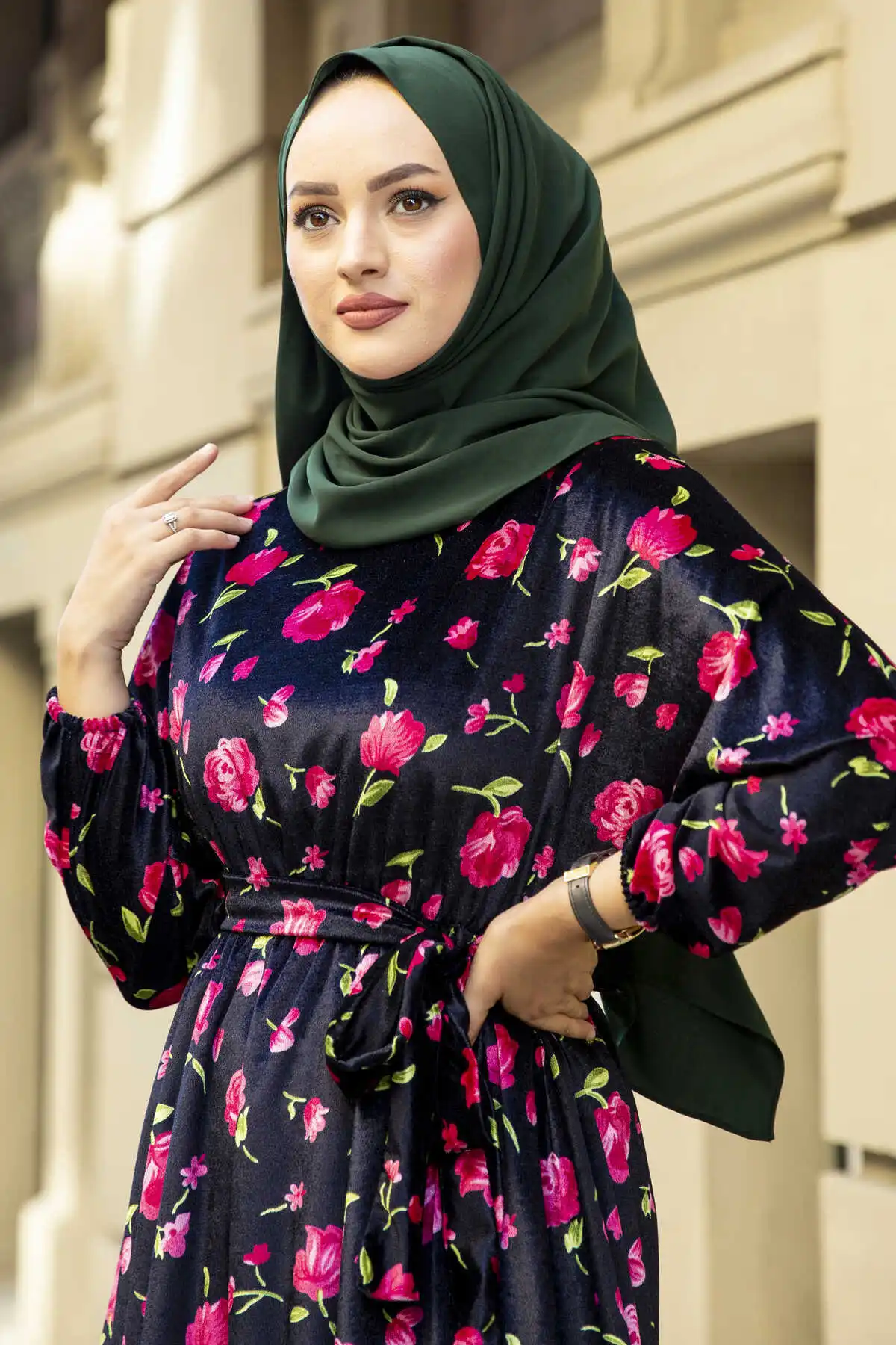 Floral Velvet Bat Sleeve Dress Pattern Winter Autumn 2021 Muslim Women Hijab headscarf islamic Turkey