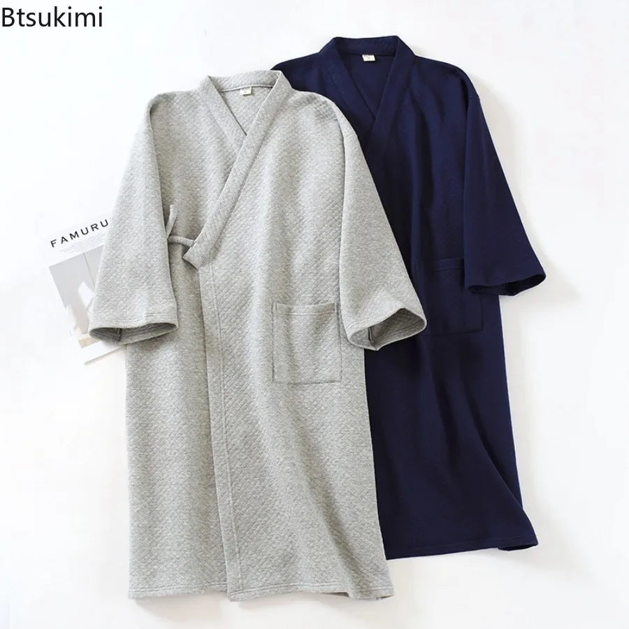 

2025 Men's Casual Cotton Pajamas Dress Solid Warm Sleepwear Soft Loose Male Bath Robe Kimono Nightgown Home Clothes Men Robes