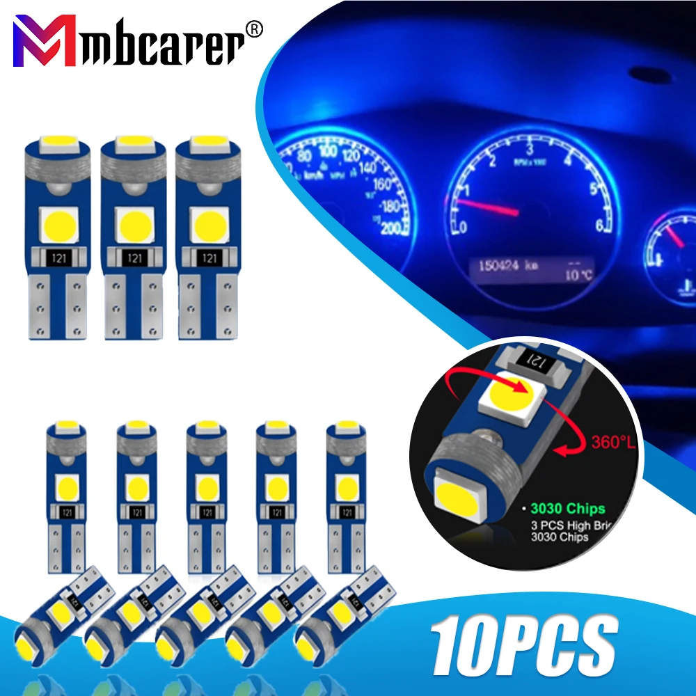 10Pcs T5 LED Bulb Car Instrument Lamp W3W W1.2W 12V Led Canbus Lights Car Interior Lights Dashboard Warming Lamp Indicator Wedge