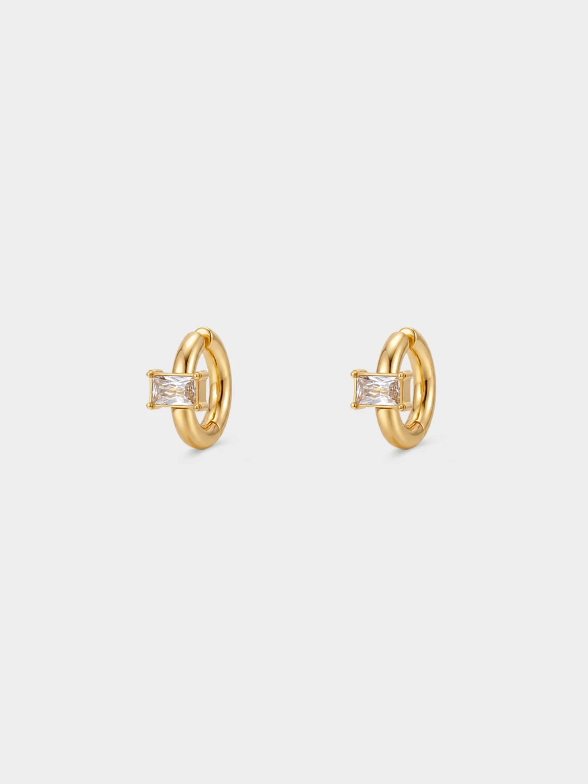 18K Gold Plated Baguette Cut Cubic Zirconia Clip-On Hoops for Women Non-Pierced Geometric Earrings