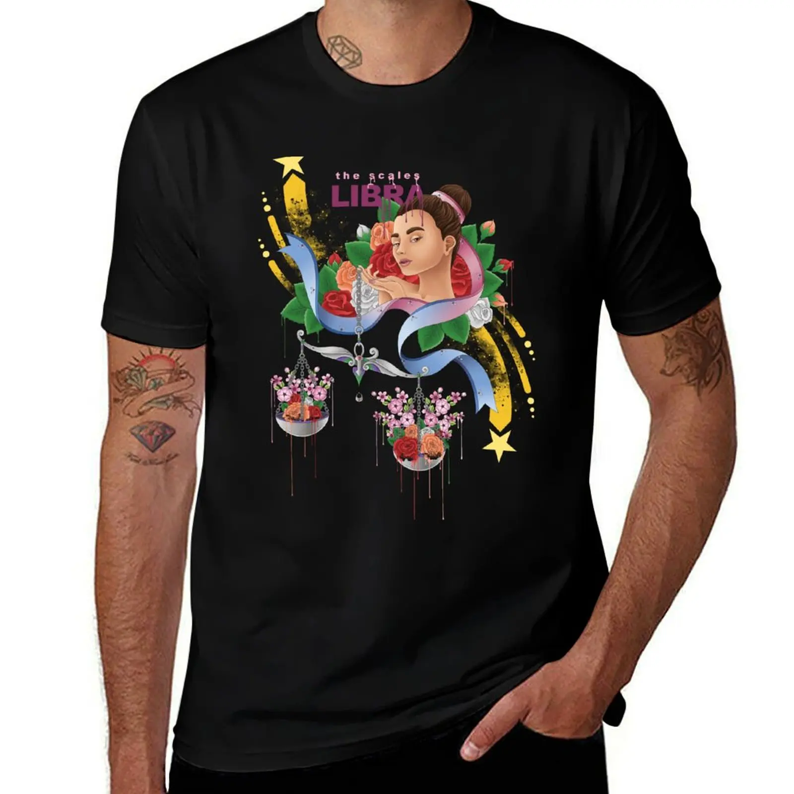 Libra the Scales Floral Design T-Shirt Casual Daily Wear Short Sleeve Top T-Shirt