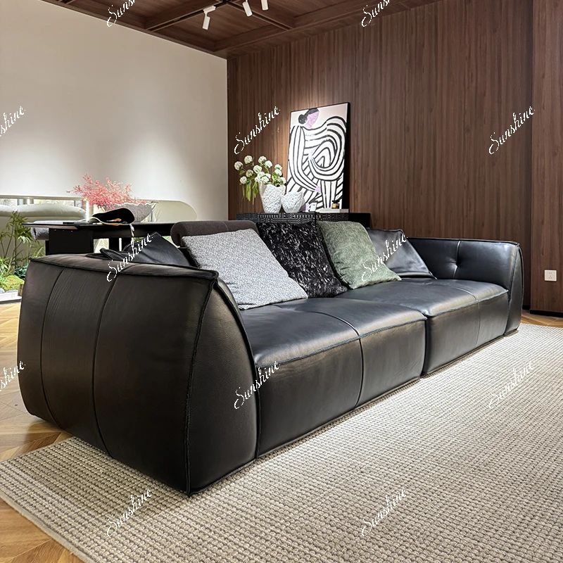 Medieval first-layer cowhide small apartment with high backrest black sofa
