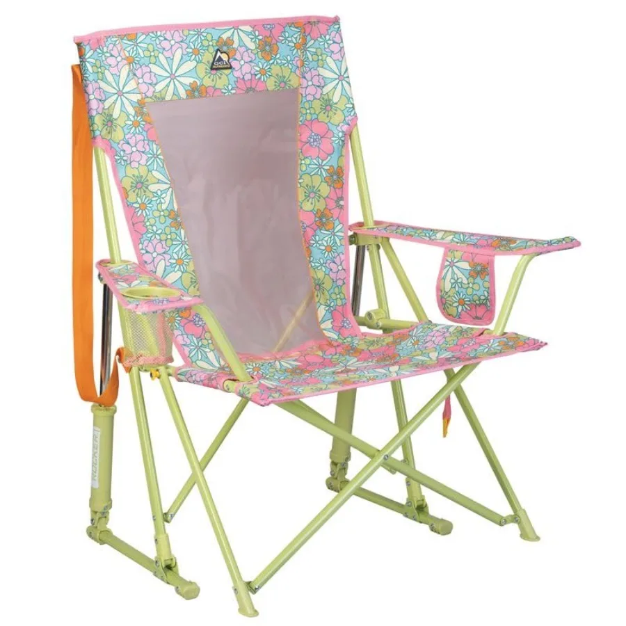 

Comfort Pro Rocker Camping Chair for outdoor use polyester fabric floral pattern ultra-portable folding design with durable arm