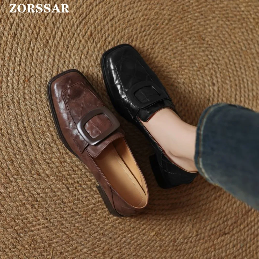 

2025 Spring New Women's Genuine Leather Shoes British Style Black Casual Shoes Banquet Office Wear Stylish Metal Design Loafers