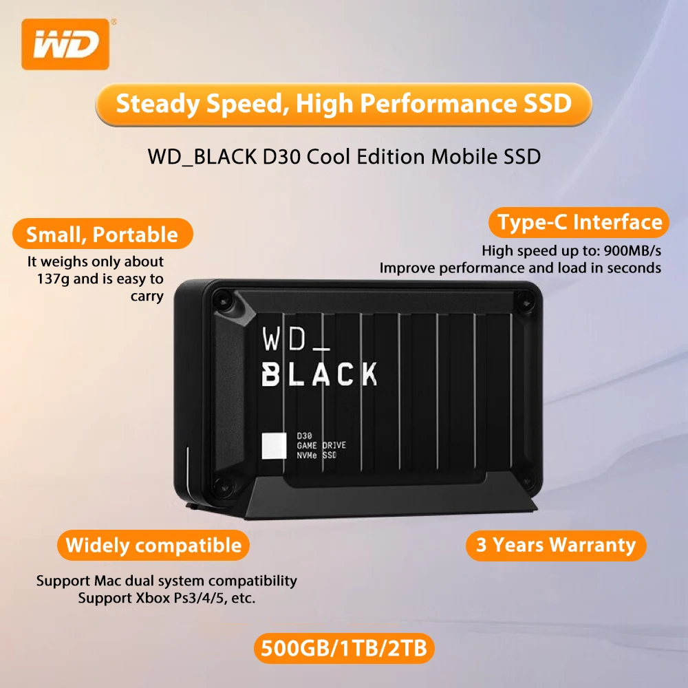 Western Digital WD_BLACK D30 Game Drive SSD 1TB 2TB Portable External Solid State Drive Compatible with Playstation4 Xbox PC