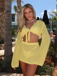 2024 Fashion Lemon Knit Hollow Out Long Sleeves Top Skirts Set Women's Chic Beachwear Women Holiday Casual 2 Pieces Set S21