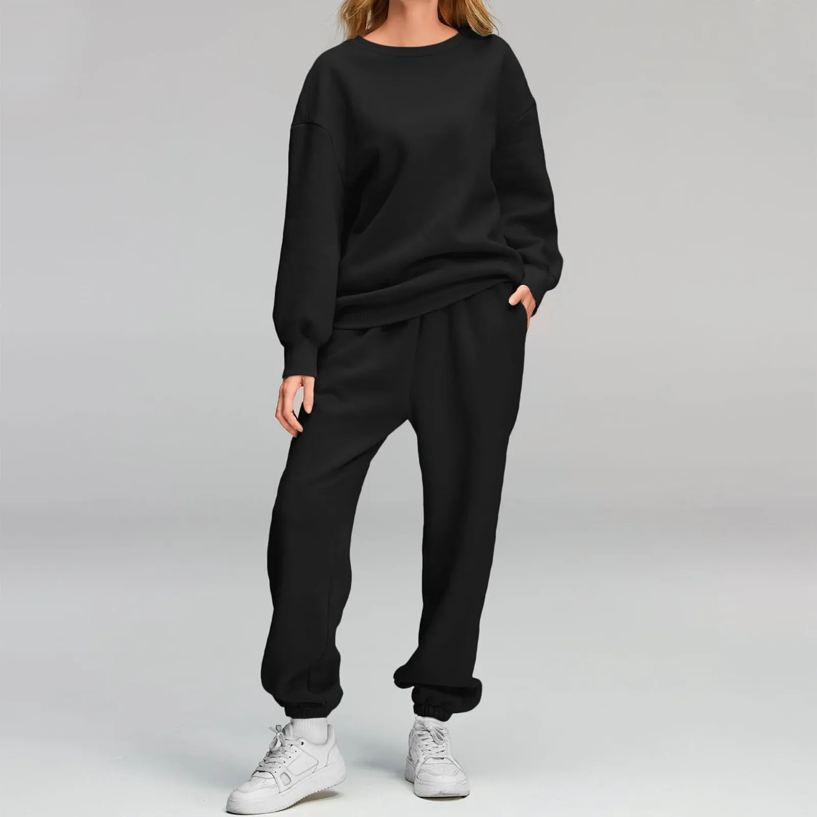 Women 2 Piece Outfits Sweatsuit Oversized Casual O Neck Tops Pants Sets Baggy Sweatpants Fall Fashion With Pockets