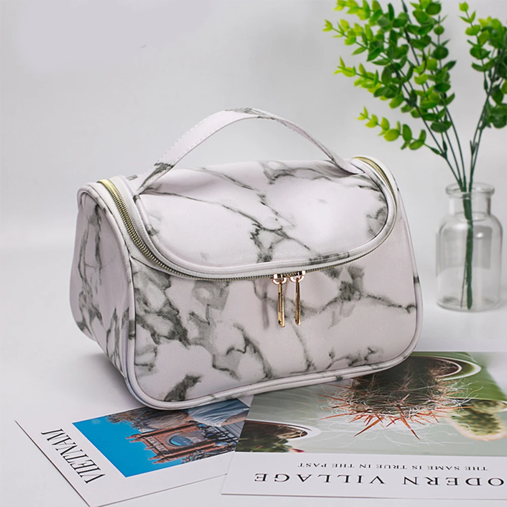 

Stylish Large Capacity Marbling Makeup Bag L White Durable Pu Waterproof Travel Toiletries Bag With Zipper For Cosmetics