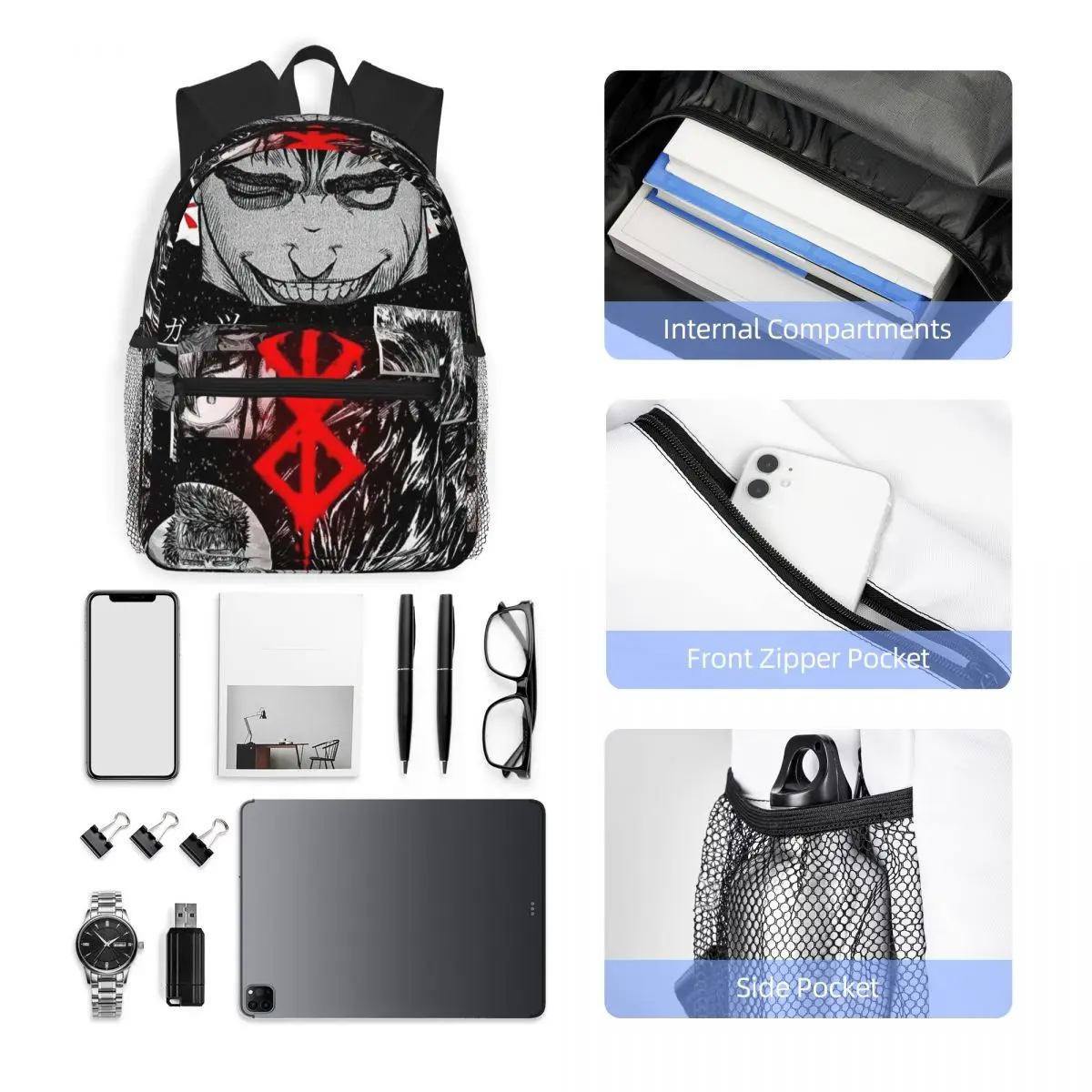 Berserk Sacrifice Mark Demon Sword and Magic Student حقيبة ظهر مدرسية للمشي لمسافات طويلة والسفر Daypack حقيبة كتب عصرية حقائب كتف