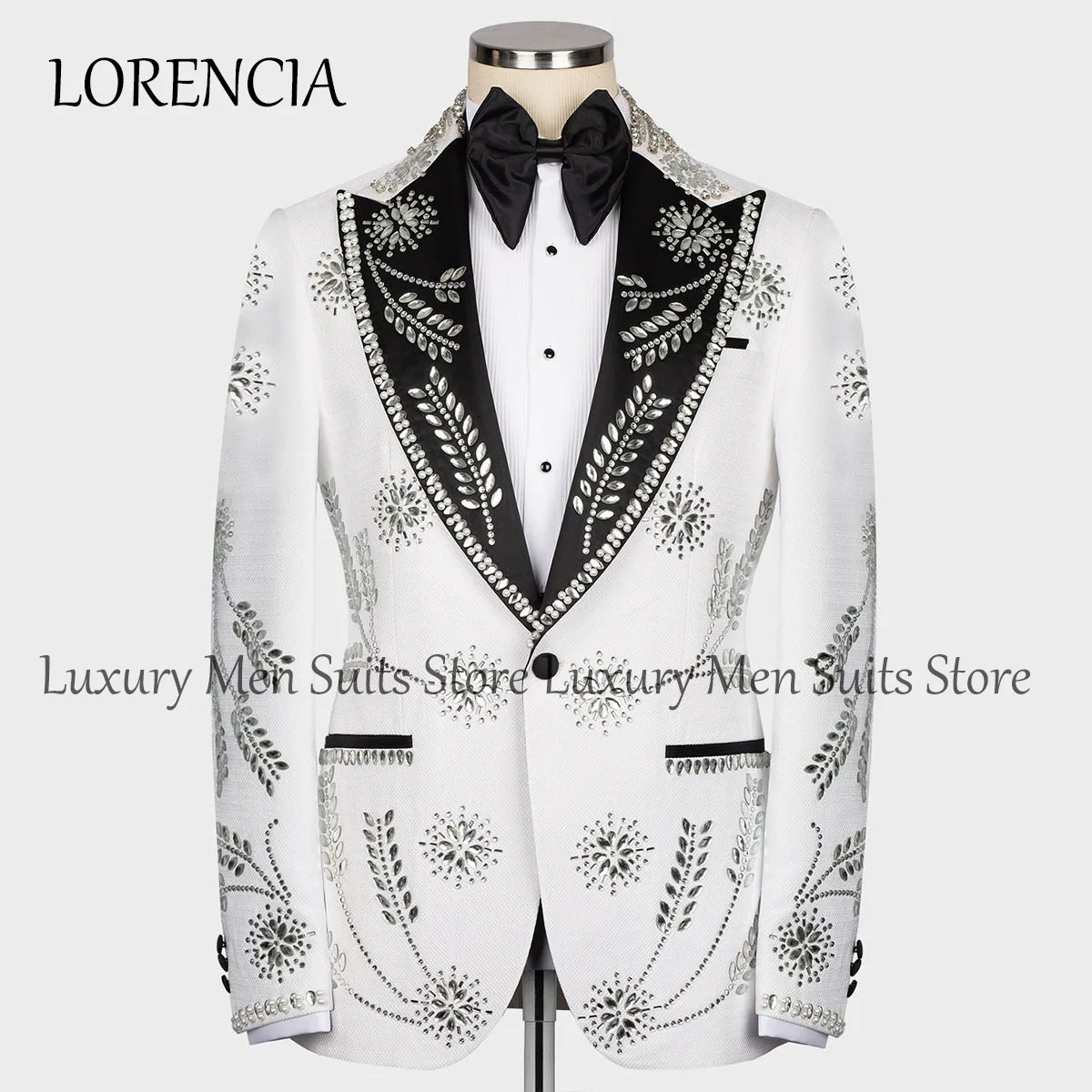 

Formal Crystal Men Suits Beads Peak Lapel Groom Wedding Tuxedos 2 Pieces Sets Male Prom Blazer Double Breasted Costume Homme