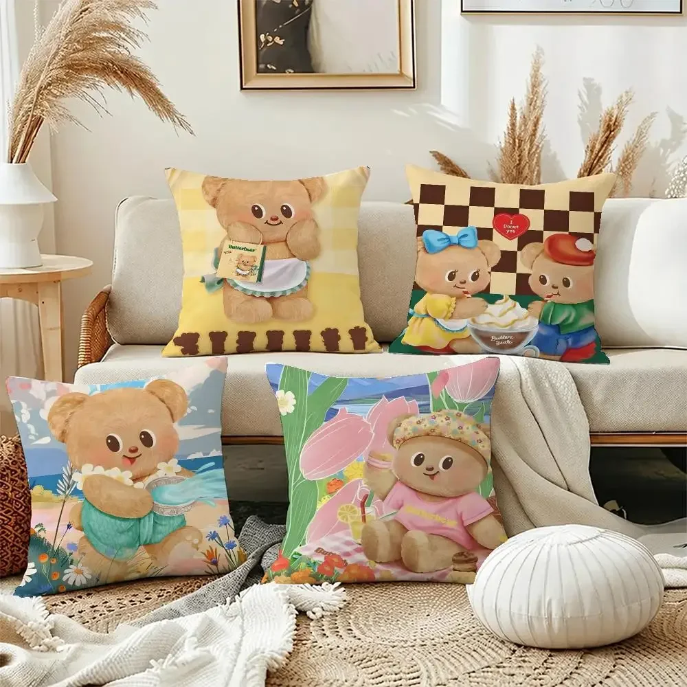 Cute Anime Role Cartoon Butter Bear Cushion Cover Short Plush Soft Double-Sided Pillow Case Cozy Sofa Bedroom Home Decor Gift