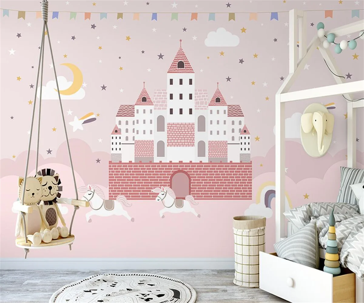 

Custom wallpaper mural Nordic hand painted pink castle children's room starry sky interior background decoration 3d wallpaper