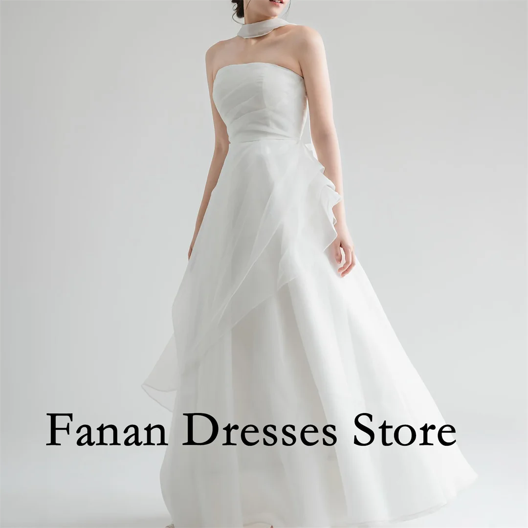 فانانان كوريا على شكل حرف a طول الأرض بدون حمالات أورجانزا متدرج مكشكش بدون أكمام مشد فساتين زفاف سترس عاجي مخصص Pr #1
