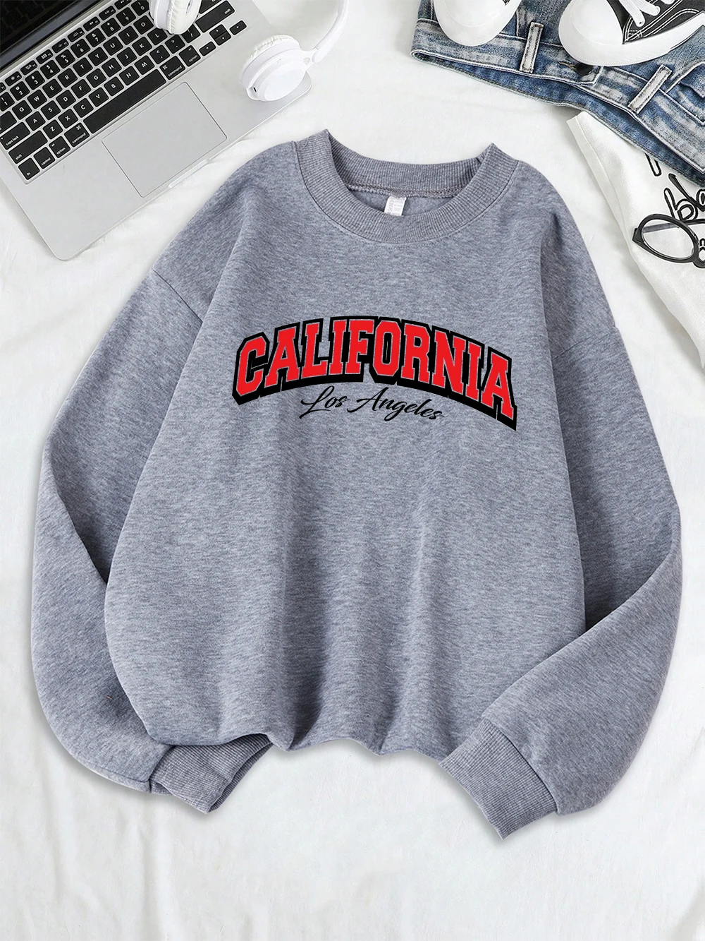 California Los Angeles City Printed Sweatshirt Women Fleece Warm Casual Hoodie O-Neck Loose Pullover Winter Comfortable Tops