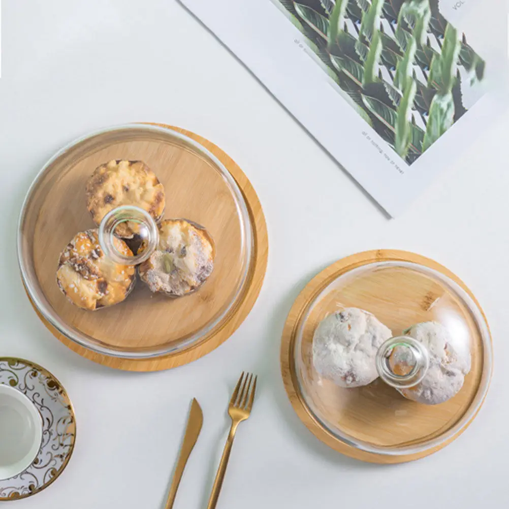 

Набор: подставка для десертов с прозрачной крышкой, стеклянная крышка для торта, деревянная тарелка, пылезащитный чехол для еды для дома, отеля, ресторана, пекарни, вечеринки