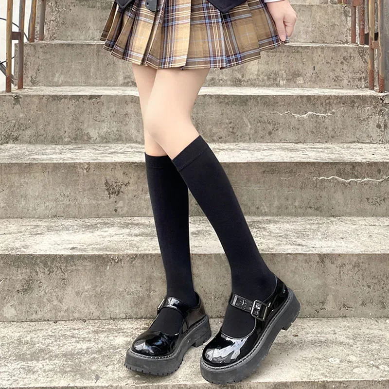 Effen kleur zwart wit lange sokken kousen JK Japan stijl schoolmeisjes dij hoge kousen Lolita Kawaii schattige kniekousen