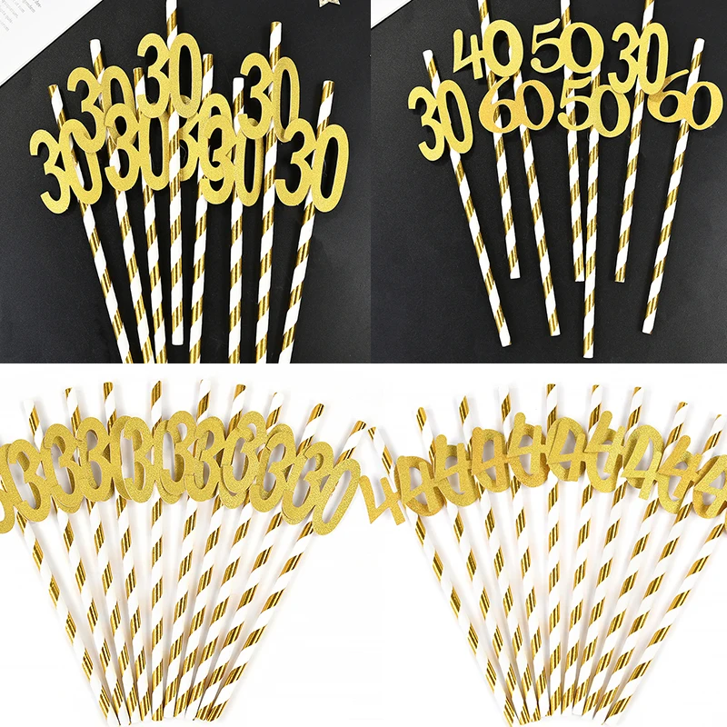 10pcs Gold Striped Disposable Paper Straws Adult 30th 40th 60th Birthday Drinking Straws For Birthday Anniversary Party Decor