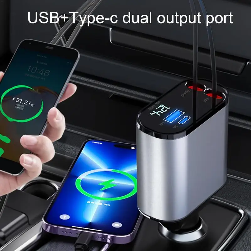 Car Charger 100w 4 IN 1 Fast Charging Car Phone Charger With Retractable Cable USB Type C Port Car Cigarette Lighter Adapter