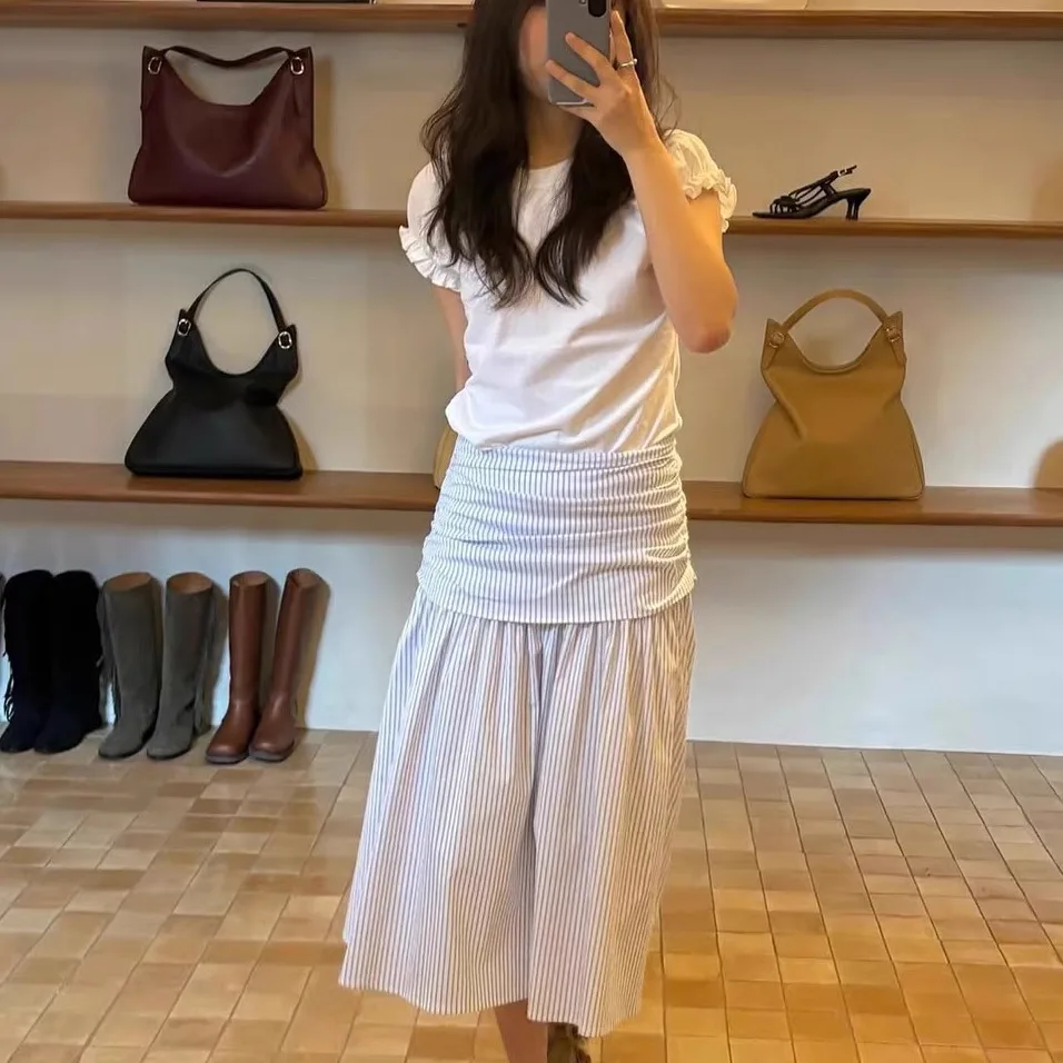 Rok Lipit Dua Lapis Smoothmood Wooden Ear ort Sve untuk Wanita, Koleksi Musim Gugur 2025 Ele Sle Musim Panas