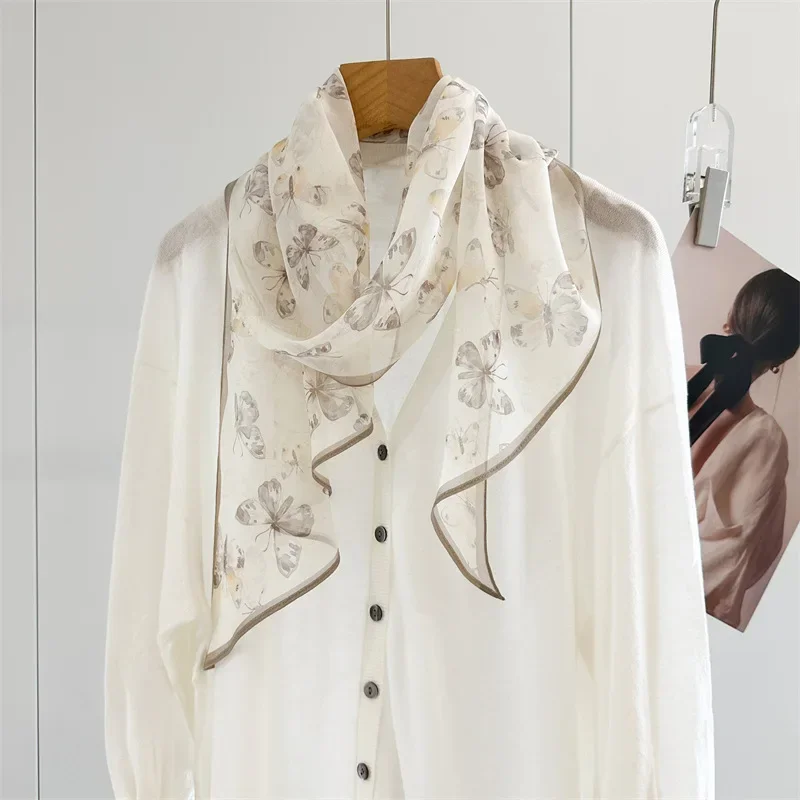 2026 100% Real Mulberry Silk Scarf Women Summer Lightweight Breathable Sun Protection Long Shawl Butterfly Wrap for Travel Beach