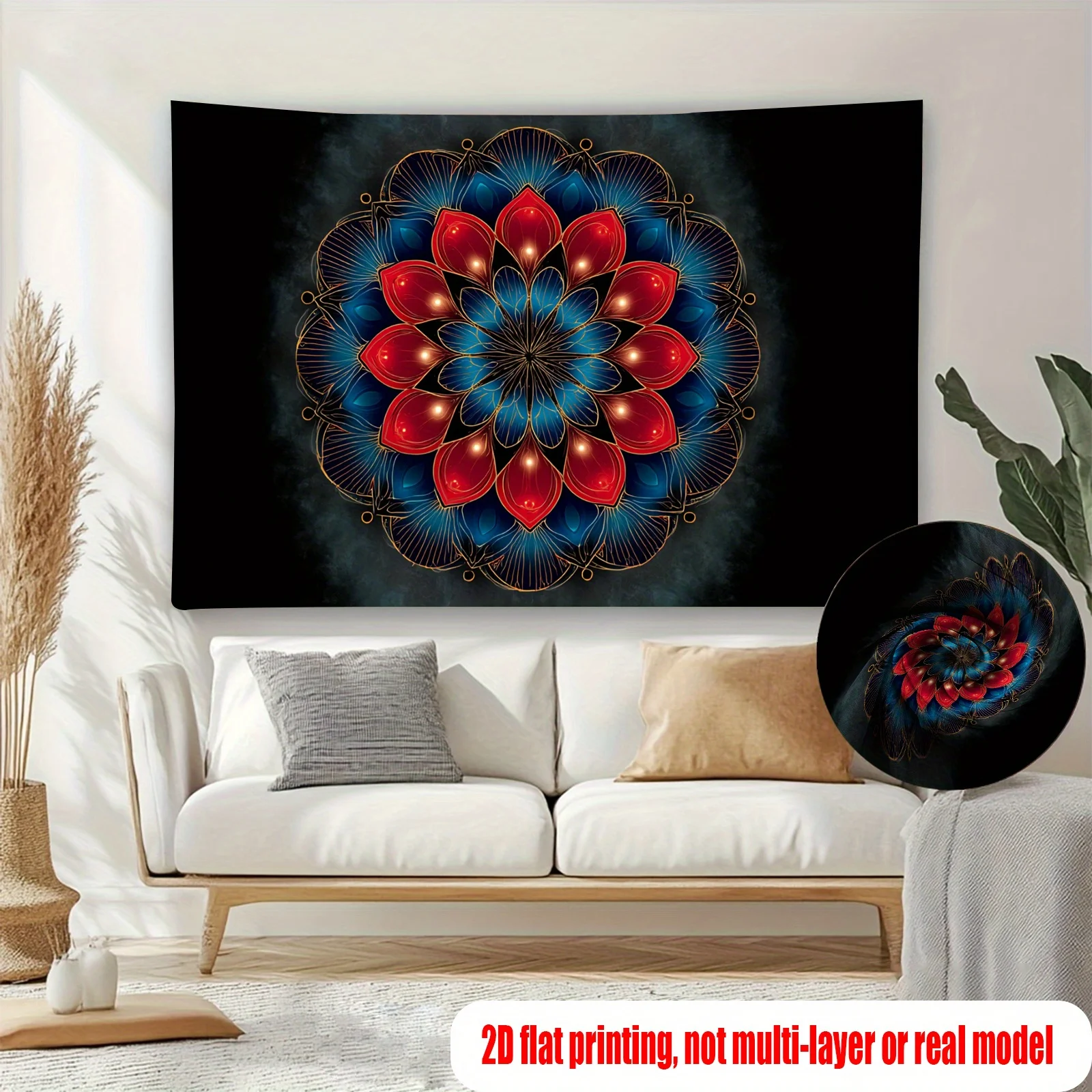 1pc Gran Tapiz de Mandala para Colgar - Decoración Roja, Azul y Dorada para Fiestas, Sin Necesidad de Electricidad, Fondo Plano