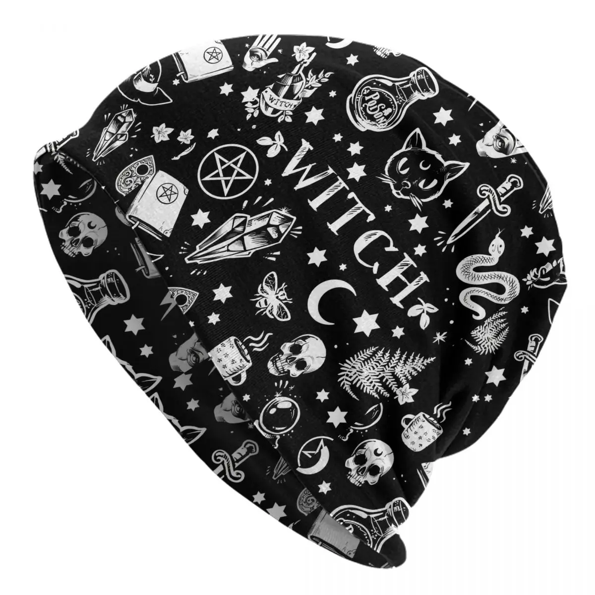 Witch Cat Pattern Bonnet Hats Hip Hop Outdoor Skullies Beanies Hat Halloween Occult Gothic Magic Unisex Warm Dual-use Caps