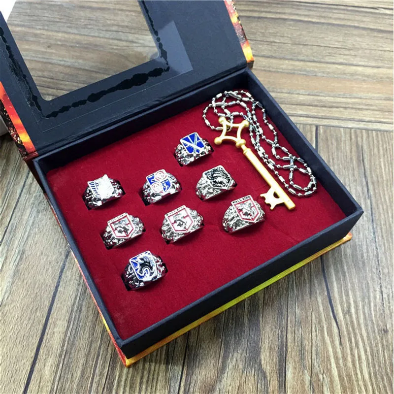 Japanese Anime Attack on Titan Jewelry Set Sword Horse Rose Wings of Freedom Coppery Ring Necklace Suit Souvenir Gifts Box