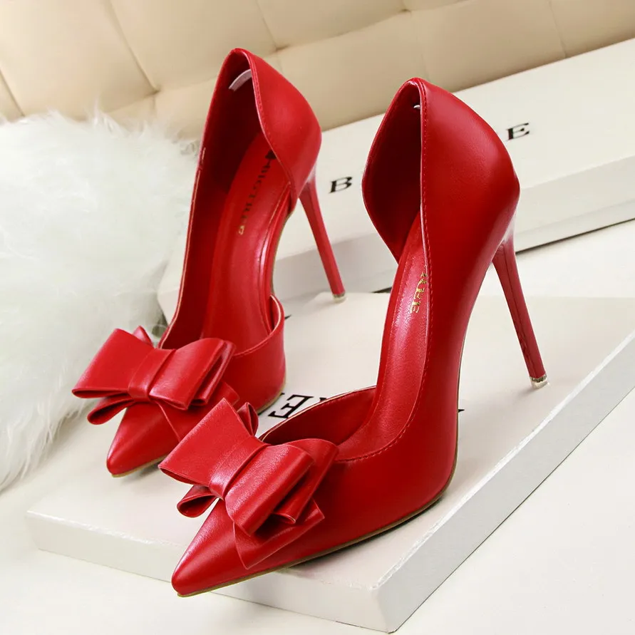 10.5cm Heel Korean Fashion Women\'s Shoes Wedding Bow High Heels Stiletto Heels Shallow Pointed Head Side Empty Thin Shoes