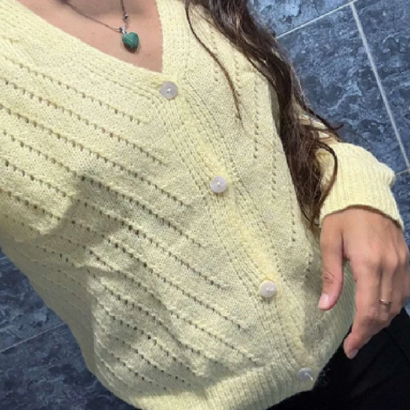

Casual Women's Cardigans Versatile V Neck Knitted Hollow Out Sweaters Trendy Tender Yellow Soft Tops 2025 New Fall Lady Cardigan