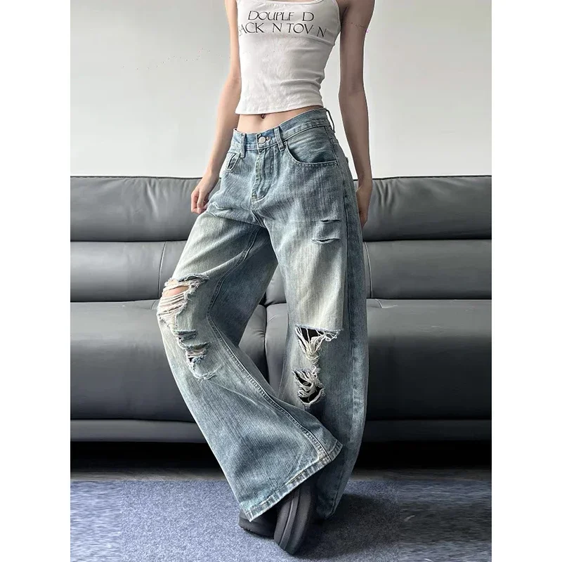 

High Street Vintage Ripped Blue Jeans Women American Retro Streetwear Y2K Wide Leg Pants 2000s Baggy Denim Trousers Pantalones