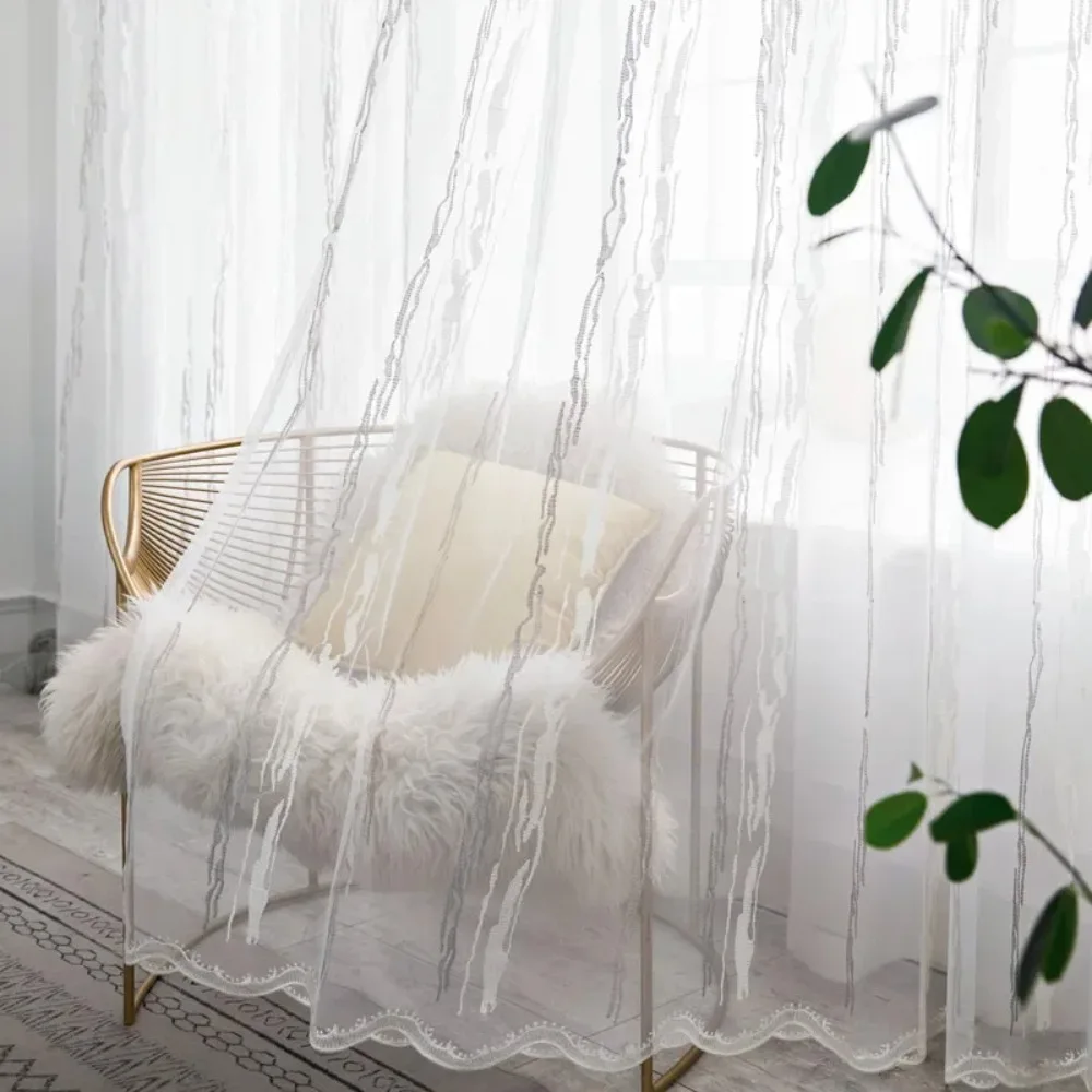 

Modern Simple Luxury White Striped Study Embroidered Balcony Solid Color Curtains for Living Dining Room Bedroom Windows Door