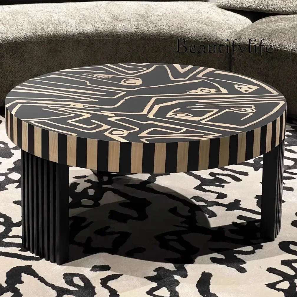 

round coffee table antique designer Creative old money retro wind solid wood graffiti striped