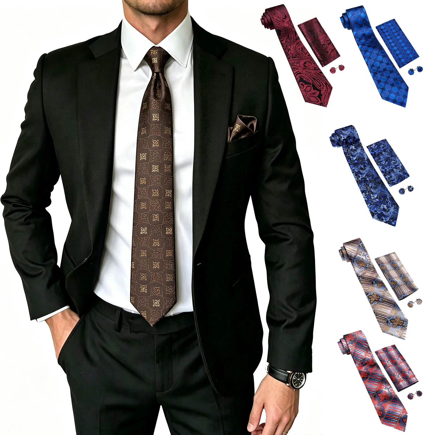 Paisley Dot Striped Pattern Mens Necktie Set 3 Piece, Tie Pocket Square Cufflinks Gift For Men