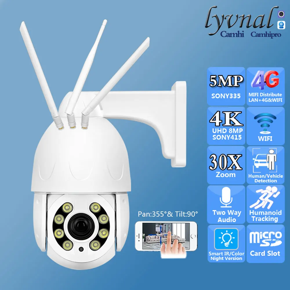 

So-ny415 4K 8MP Wireless IP Camera Wifi PTZ Dome 4G SIM Card Outdoor 30X Zoom Two Way Audio Human Tracking IR Color Night Vision