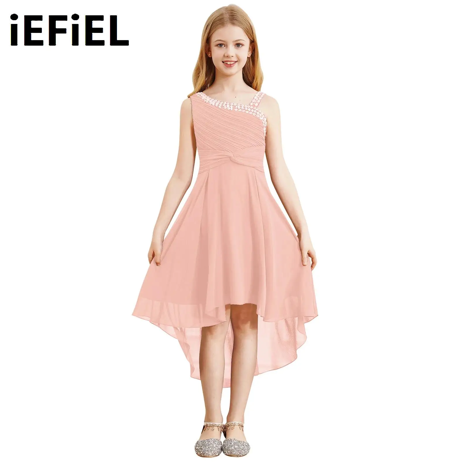 

Sequin Chiffon Party Gowns for Kids Girls Sparkly Sleeveless Ruched Twisted Knot High-Low Hem Flower Girl Dress for Wedding