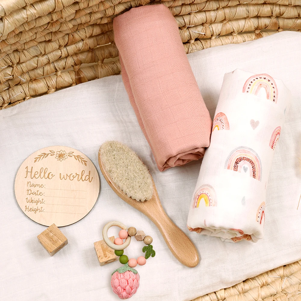 5PCS Thanksgiving Day Gift Set Bamboo Cotton Muslin Swaddle Balnket Comforting Toy With Milestone Card